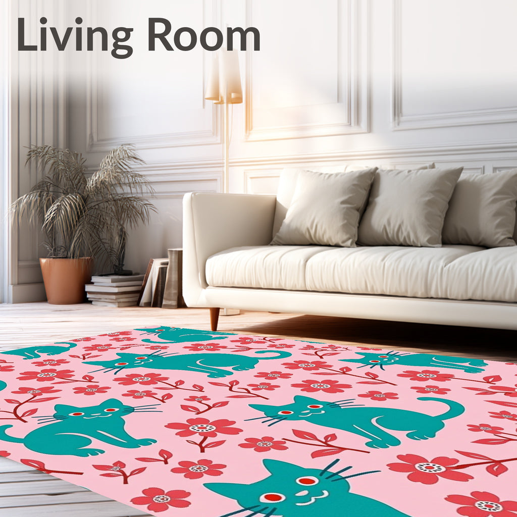 Teal Cats Red Flowers Pattern Rug