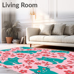 Teal Cats Red Flowers Pattern Rug