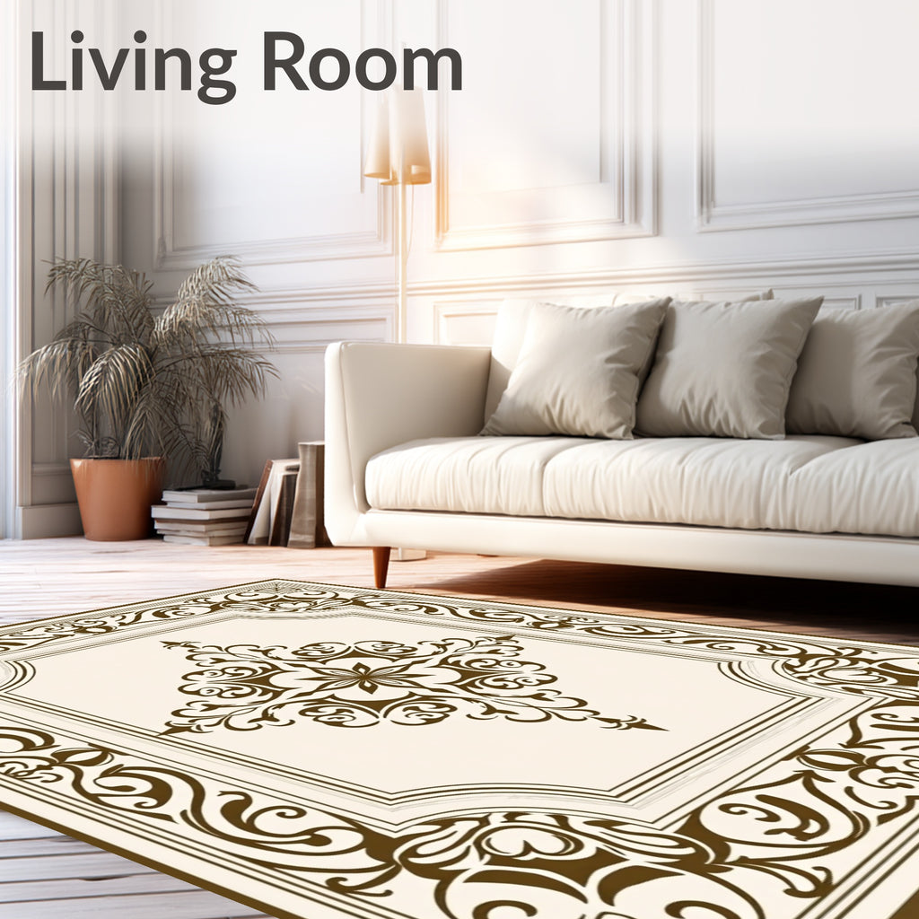 Ornate Brown Cream Scroll Medallion Rug