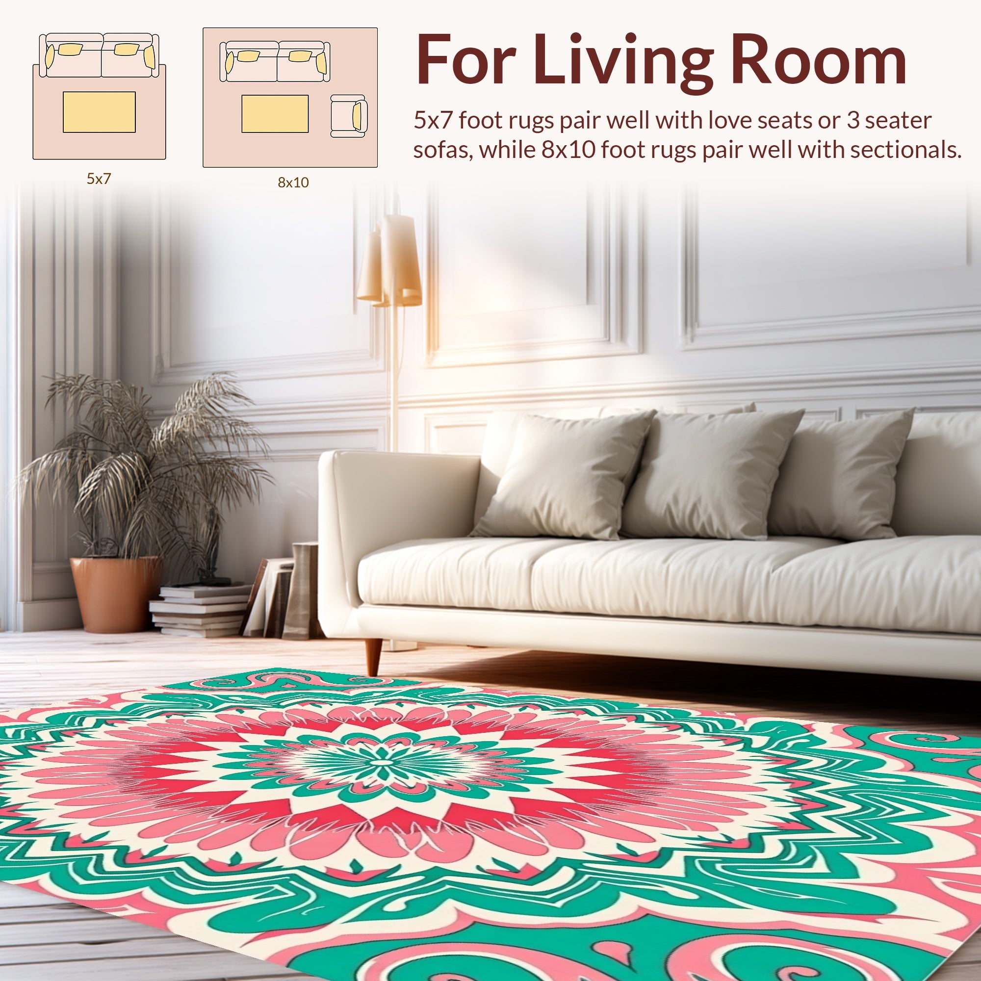 Intricate Teal Pink Flower Mandala Pattern Rug