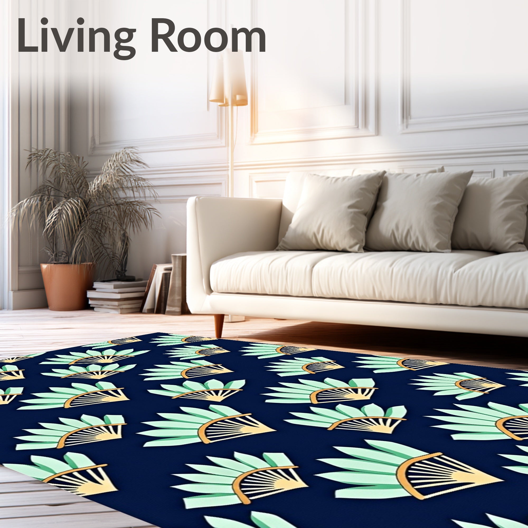 Mint Fan Pattern Navy Rug