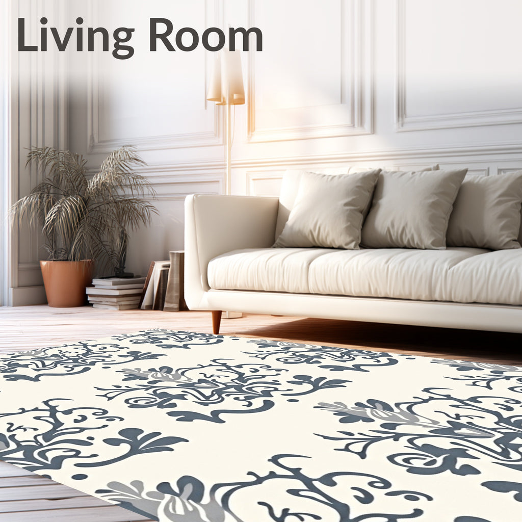 Elegant Blue White Floral Damask Rug