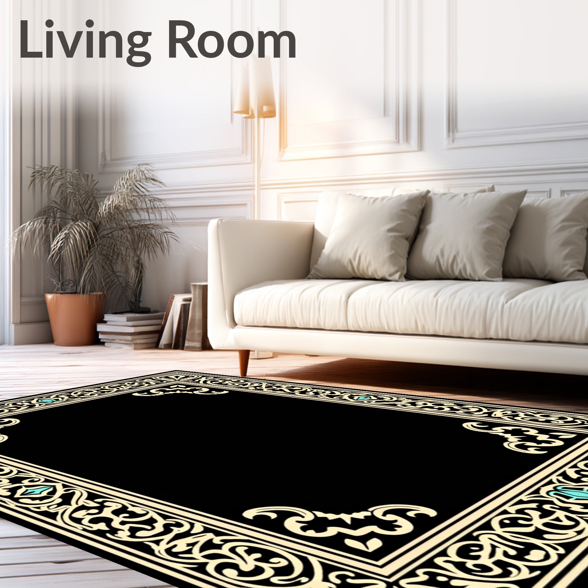 Elegant Cream Beige Scrollwork Frame Rug
