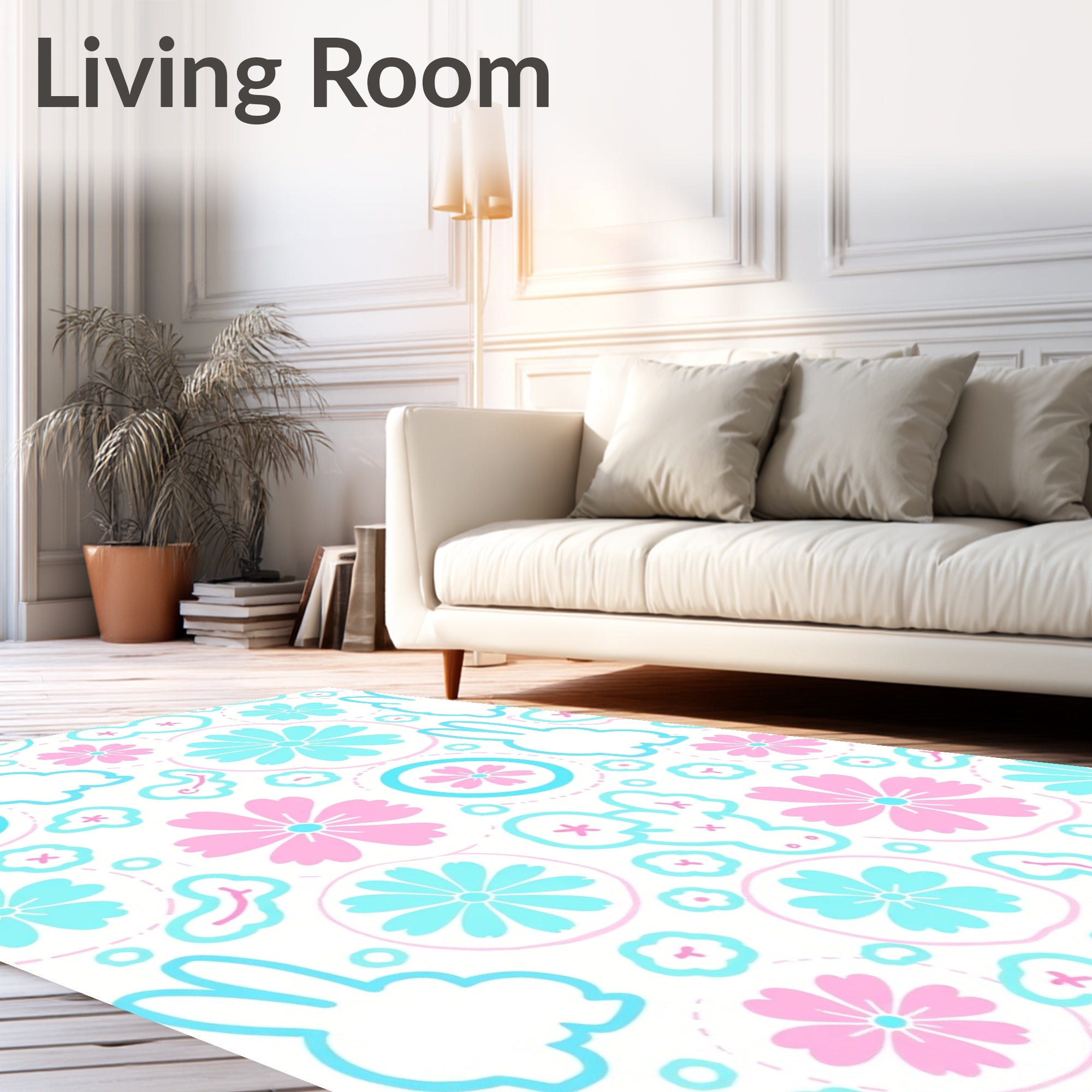 Pastel Bunny Floral Outline Design Rug