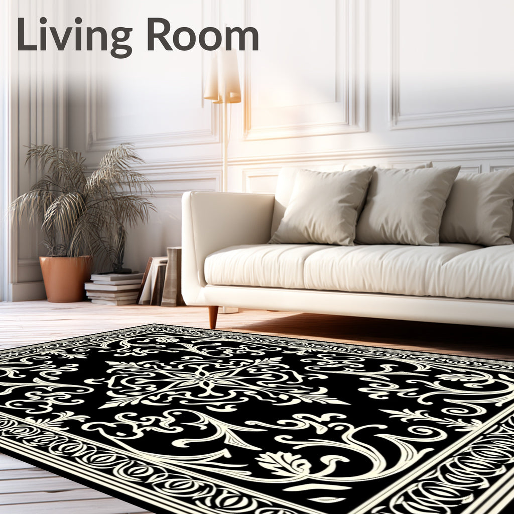 Classic Black Cream Scrollwork Motif Rug