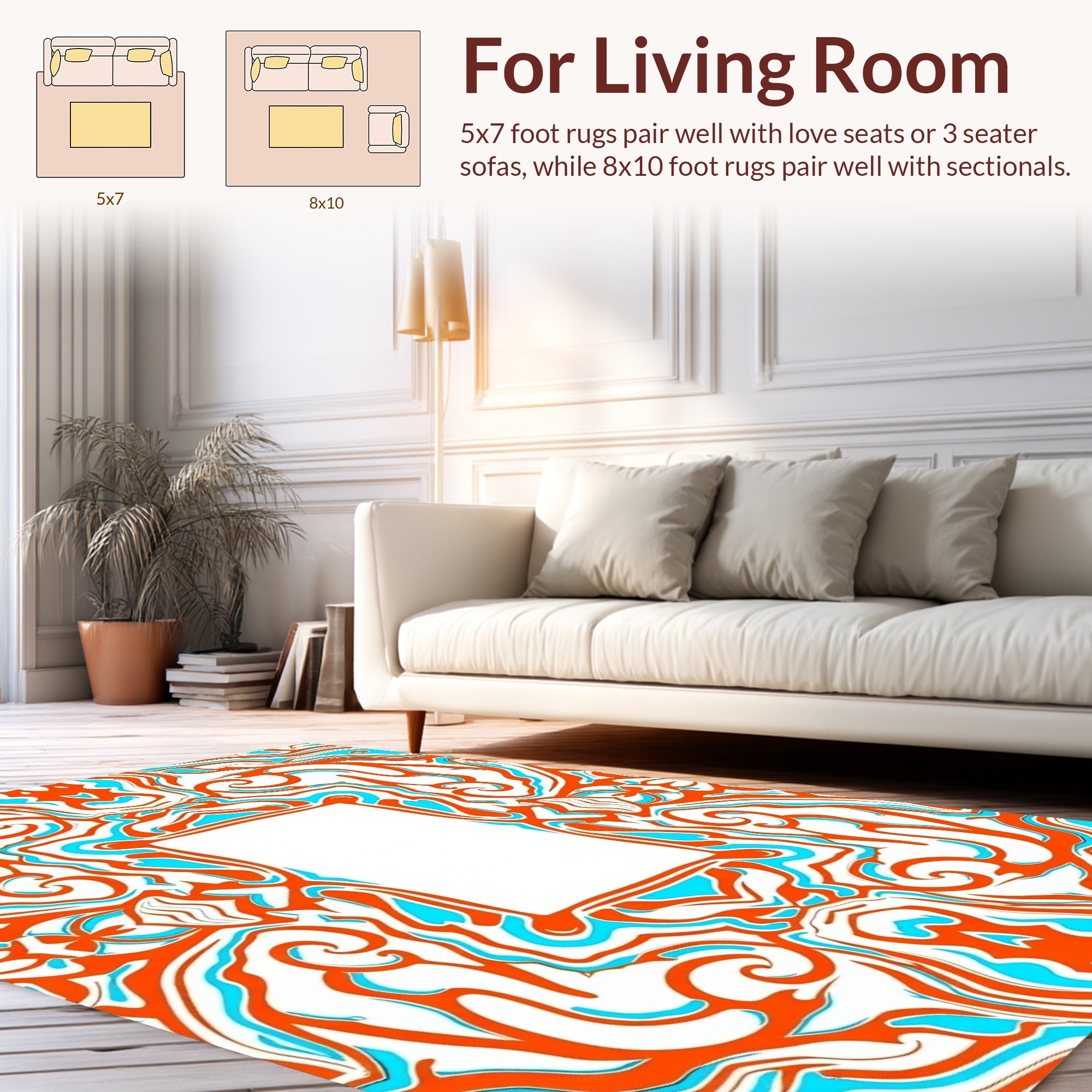 Abstract Swirls Orange Aqua Border Design Rug