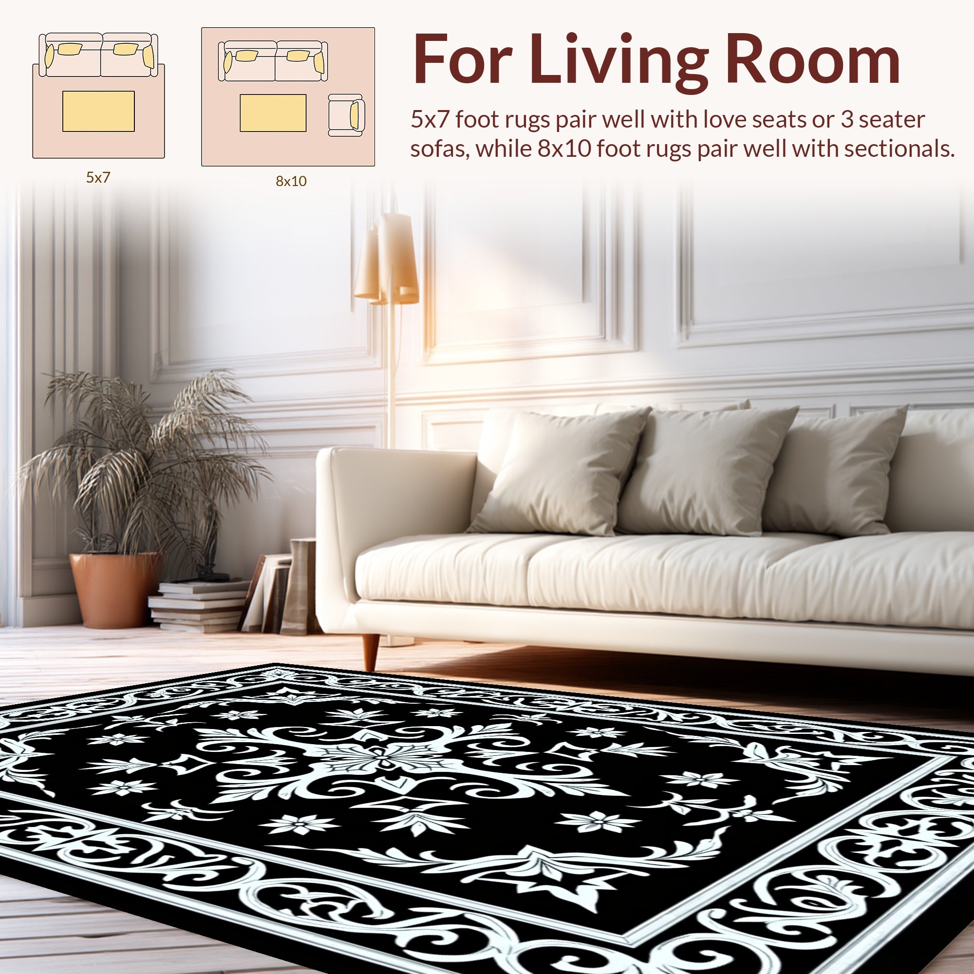 Ornate Black White Floral Medallion Rug