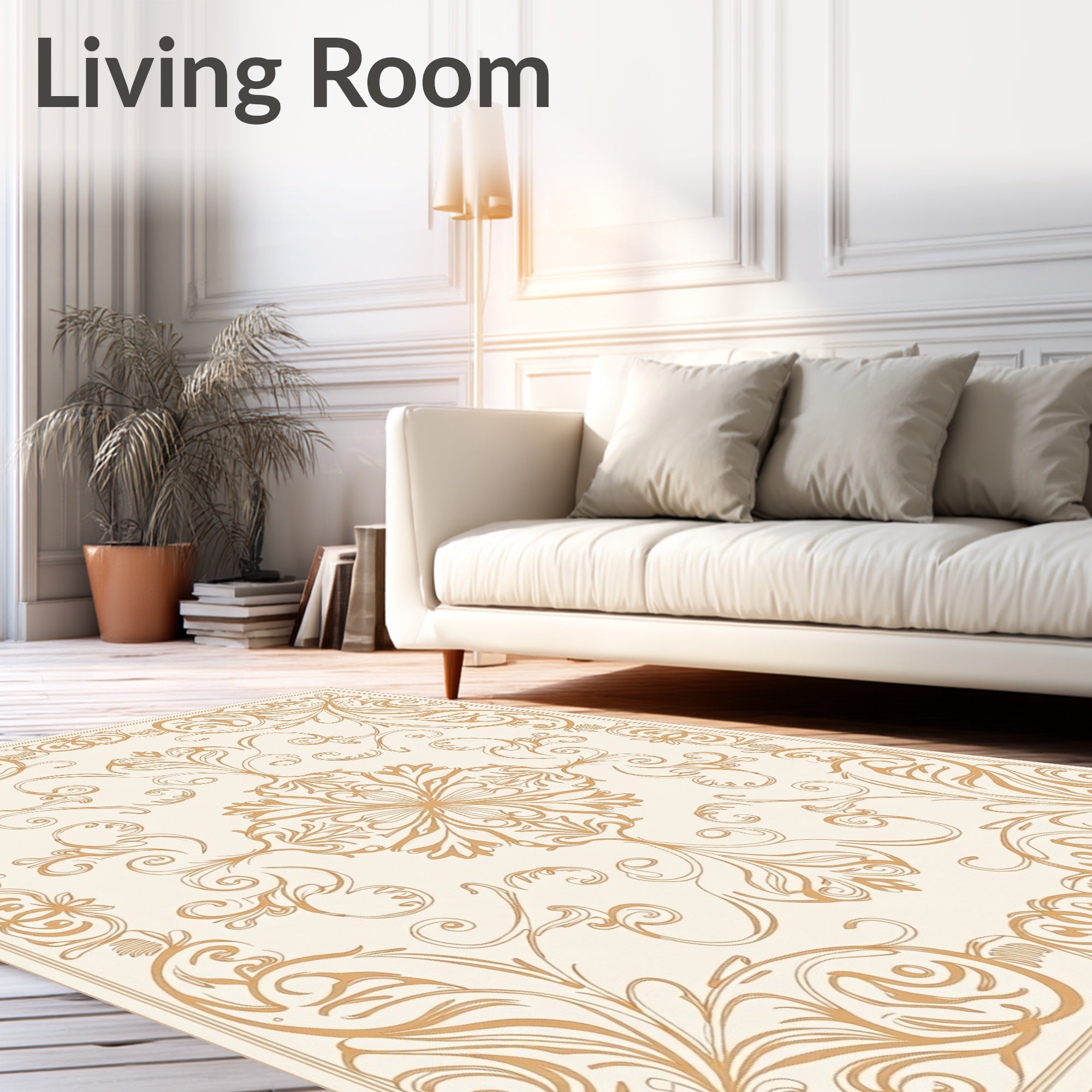 Ornate Golden Floral Scrollwork Pattern Rug