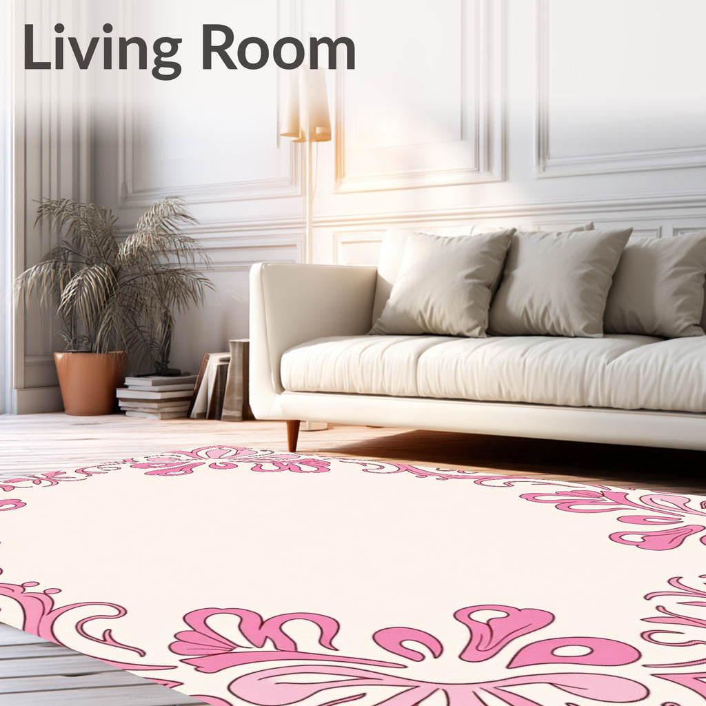 Elegant Pink Floral Swirl Border Rug