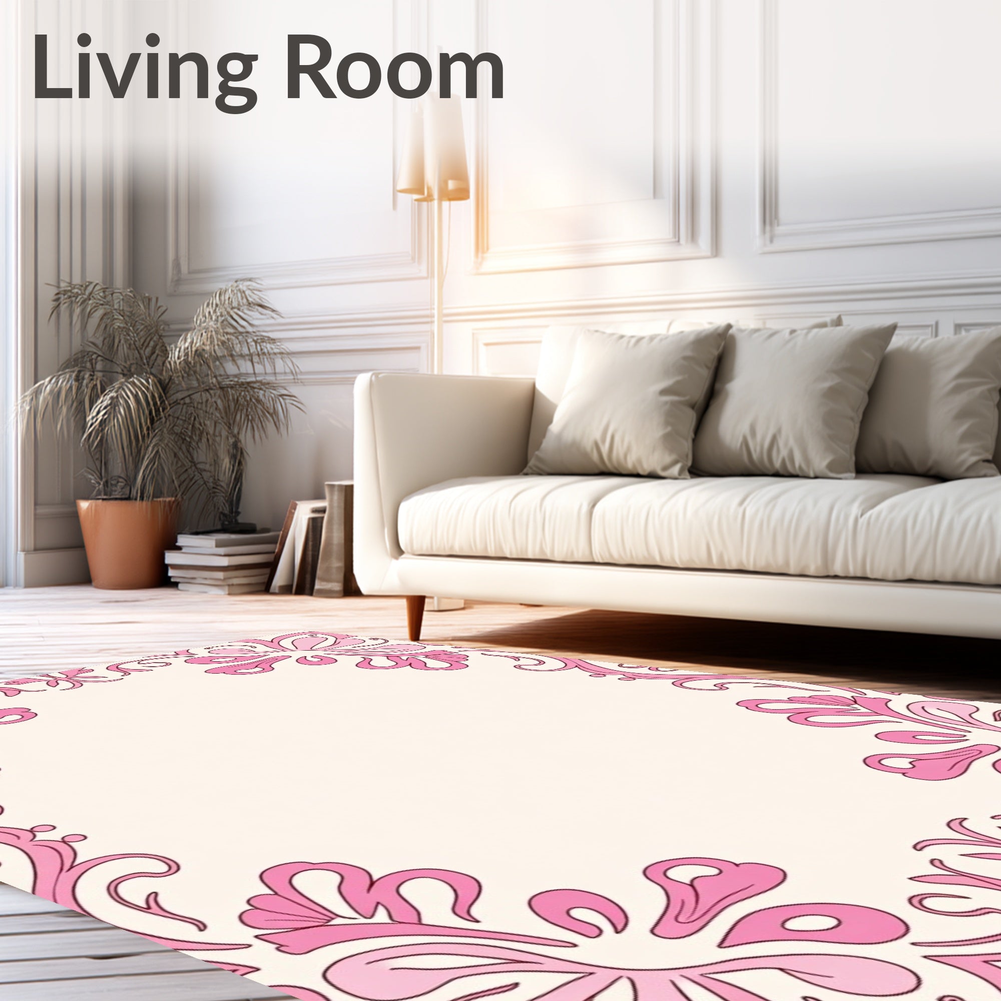 Elegant Pink Floral Swirl Border Rug