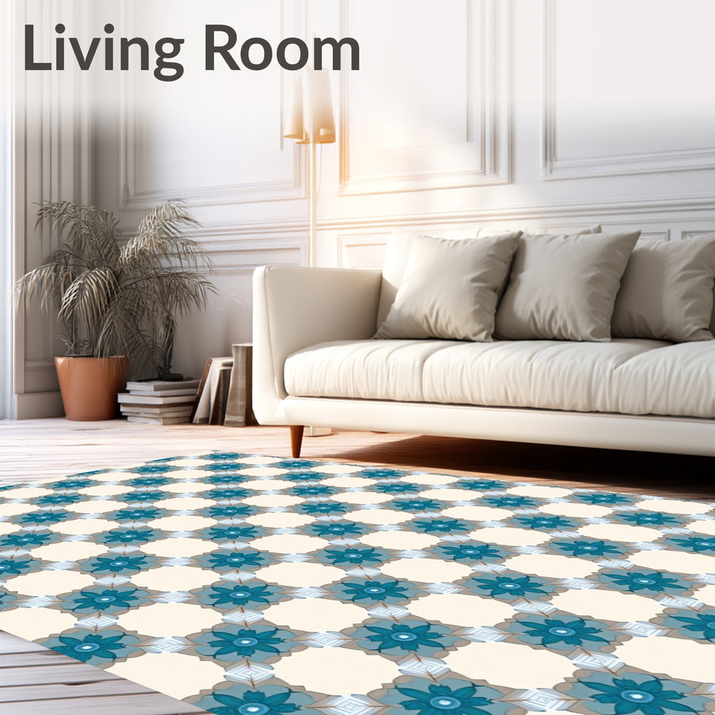 Teal Floral Geometric Pattern Rug