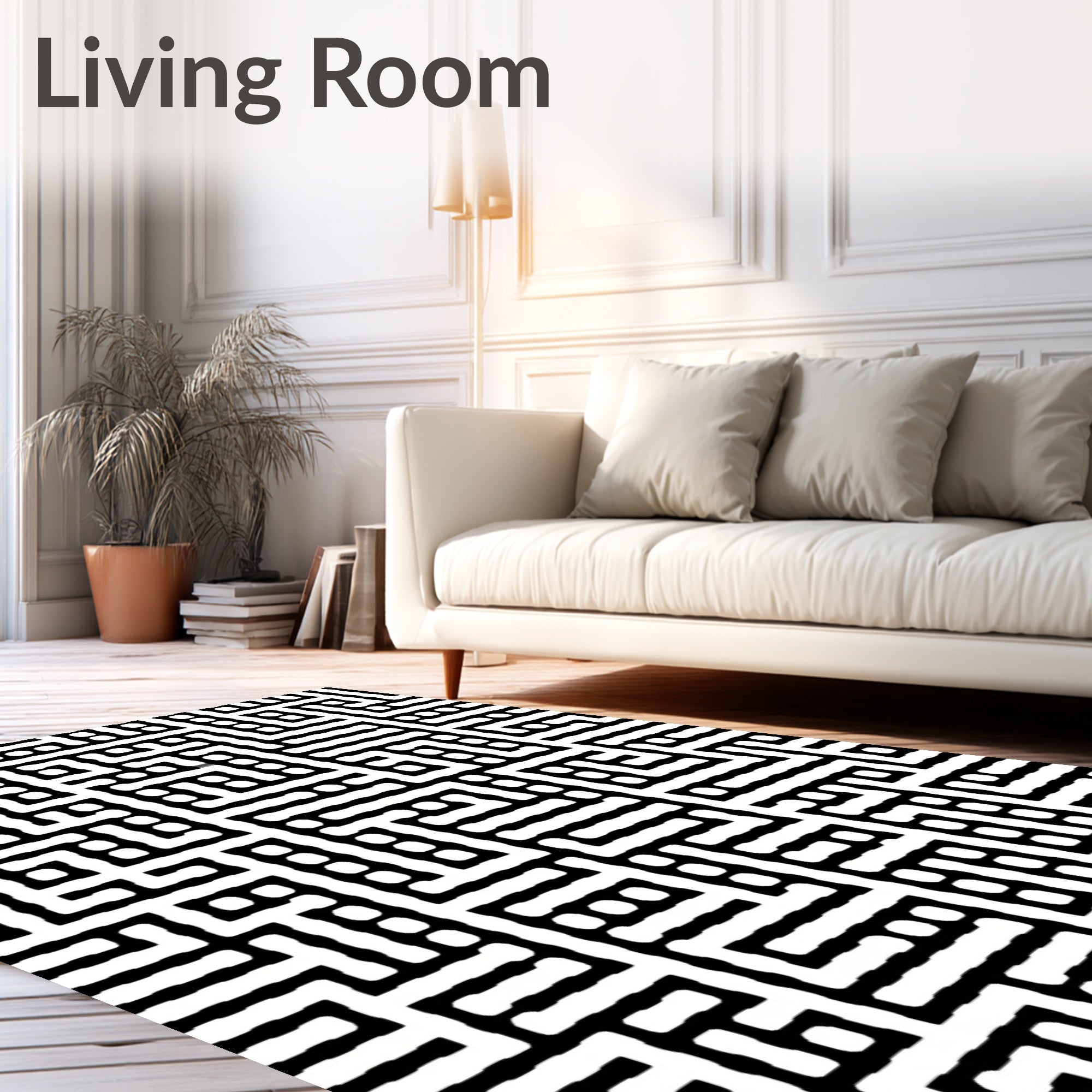 Modern Black White Geometric Maze Pattern Rug