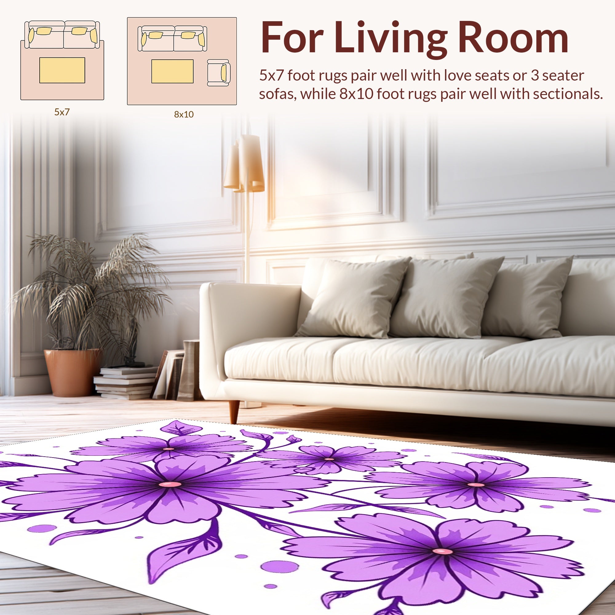 Purple Floral Pattern With Dots Rug
