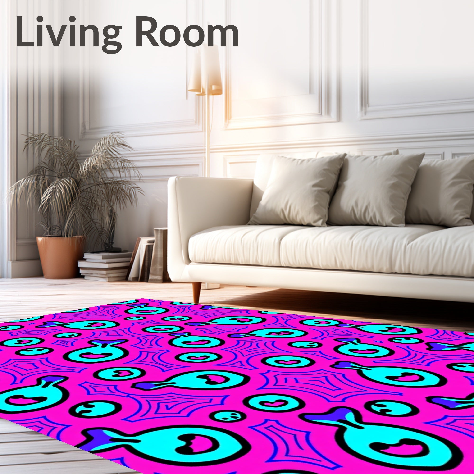 Playful Cyan Pink Cartoon Whimsy Rug