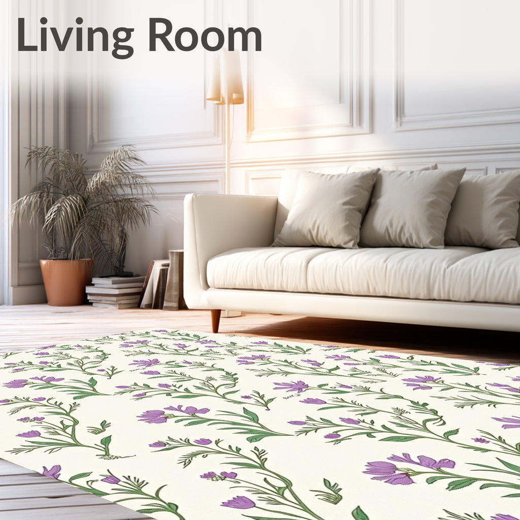 Purple Floral Pattern With Green Stems Rug
