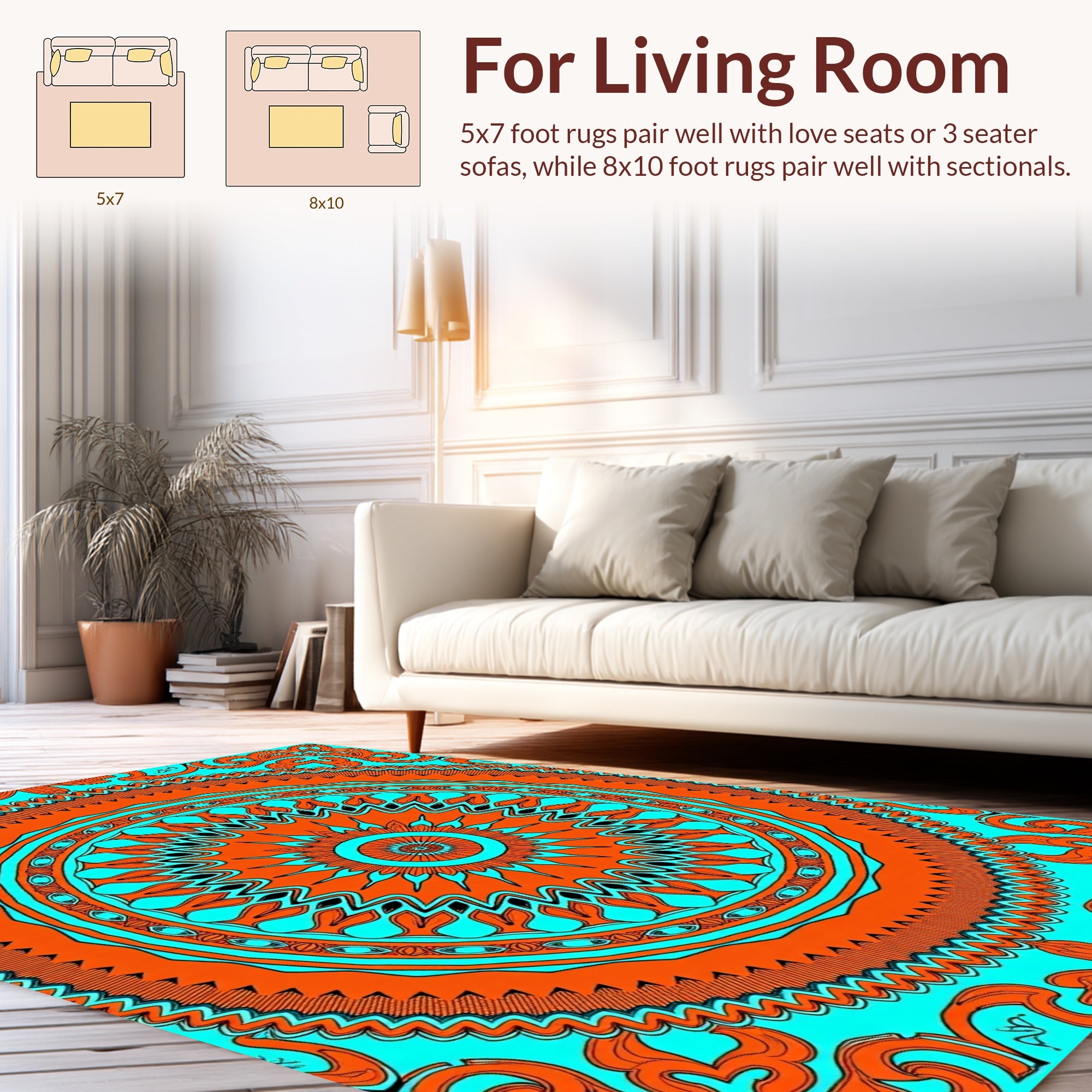 Vibrant Orange Teal Mandala Pattern Rug