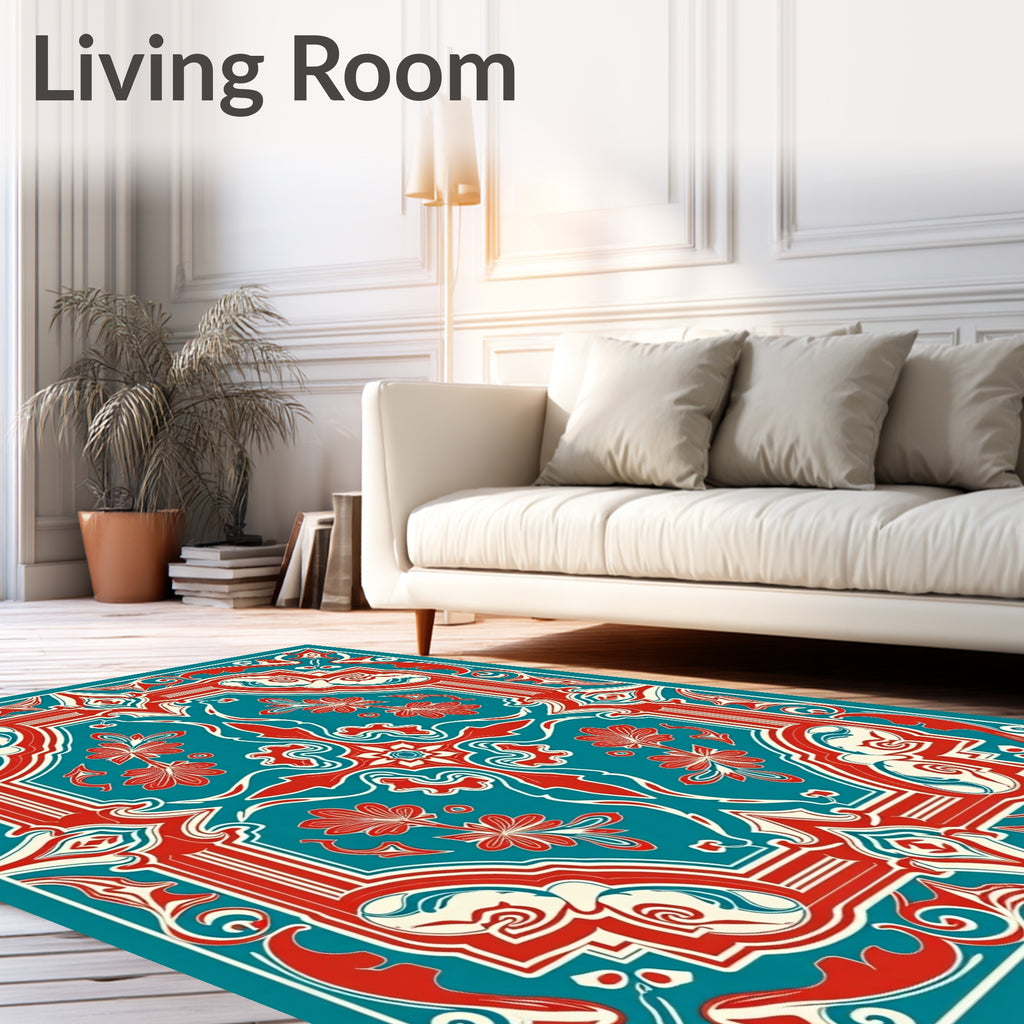 Red Teal Cream Floral Ornate Rug