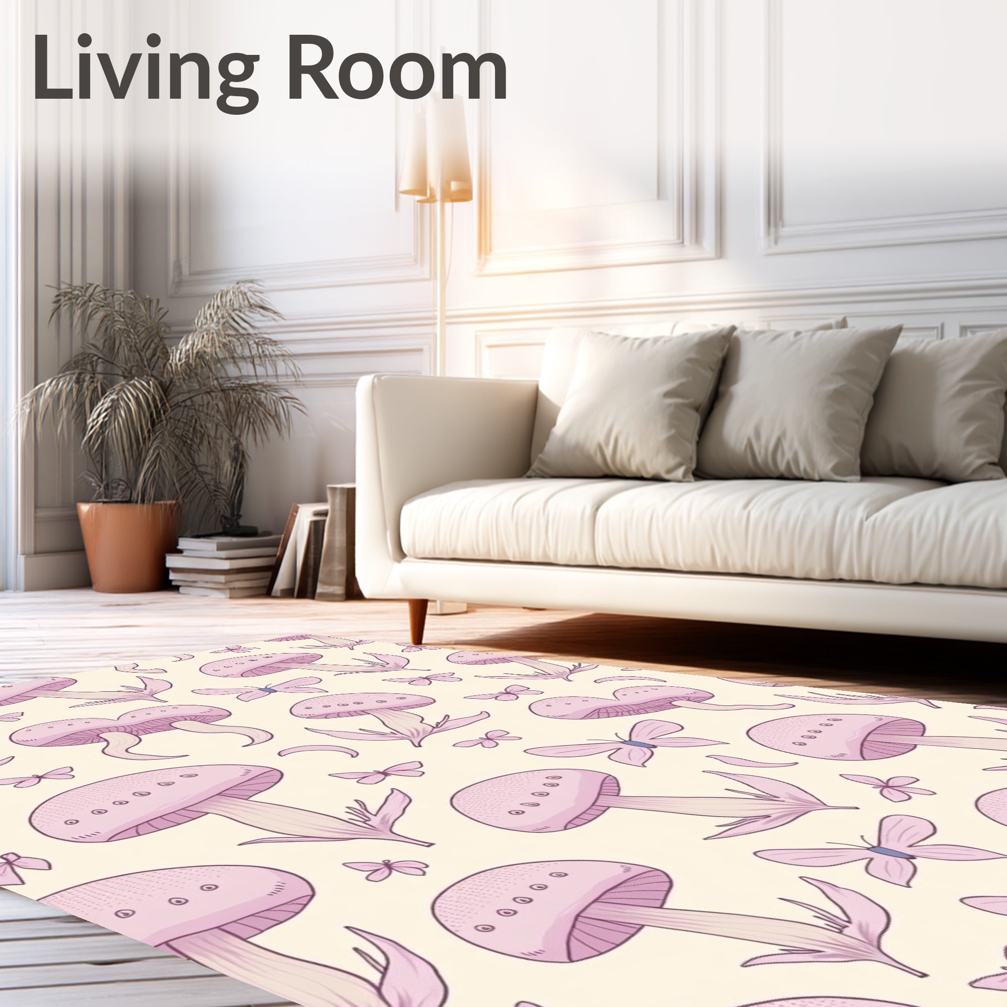 Whimsical Pink Mushroom And Butterfly Pattern Rug