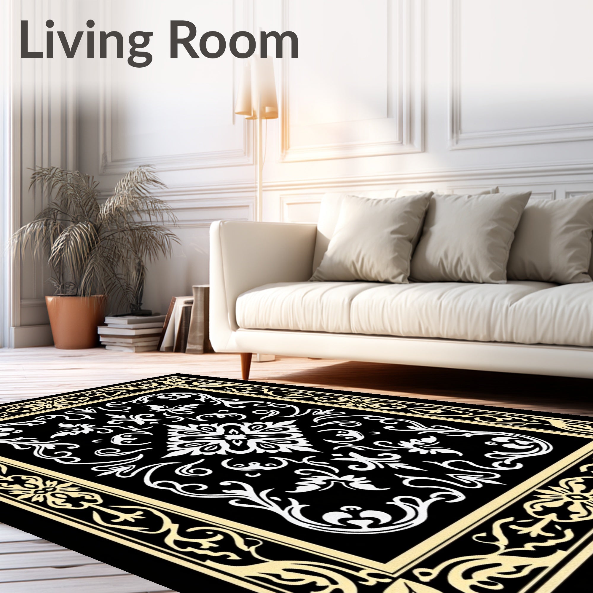 Ornate Black White Floral Border Rug