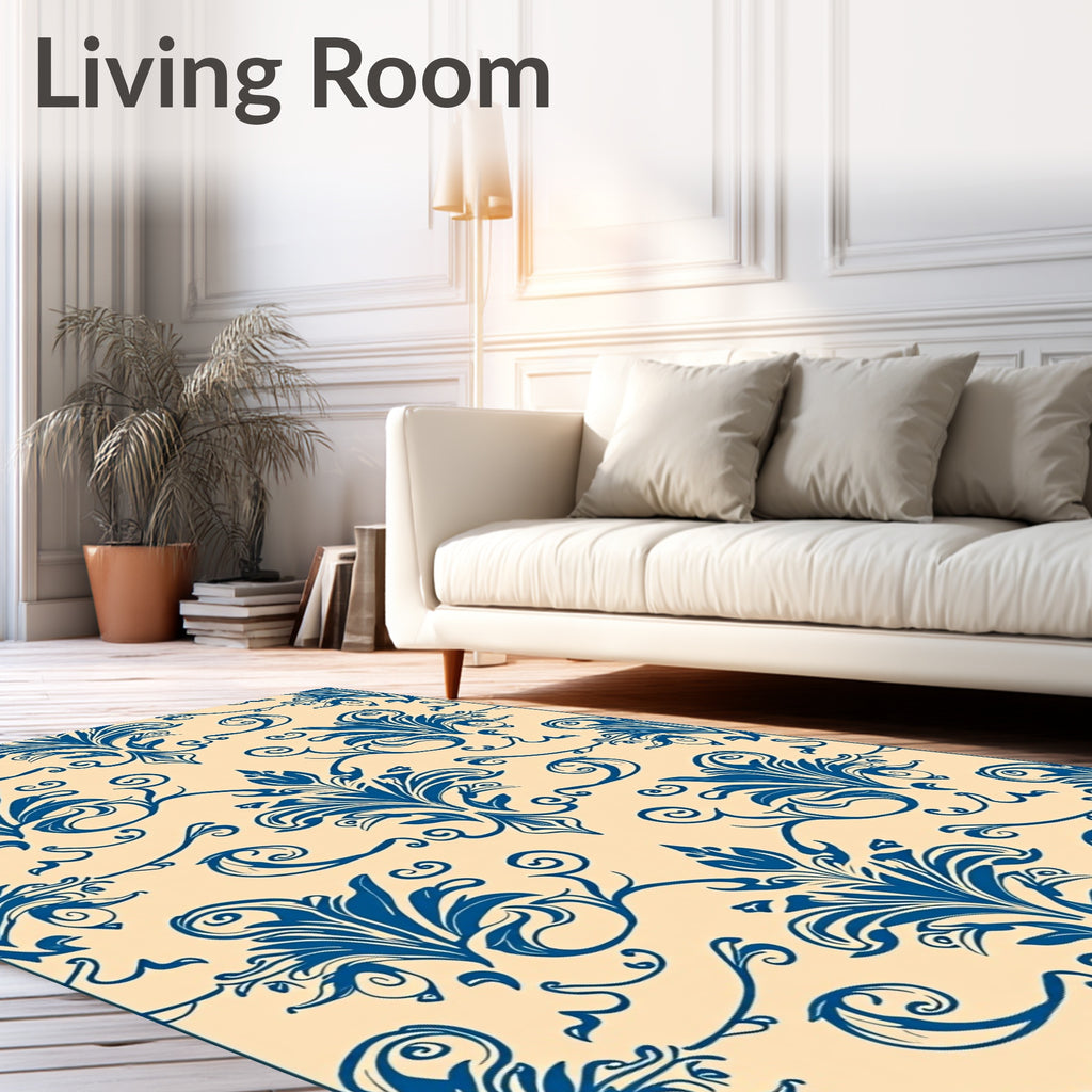 Classic Blue Floral Scroll Design Rug