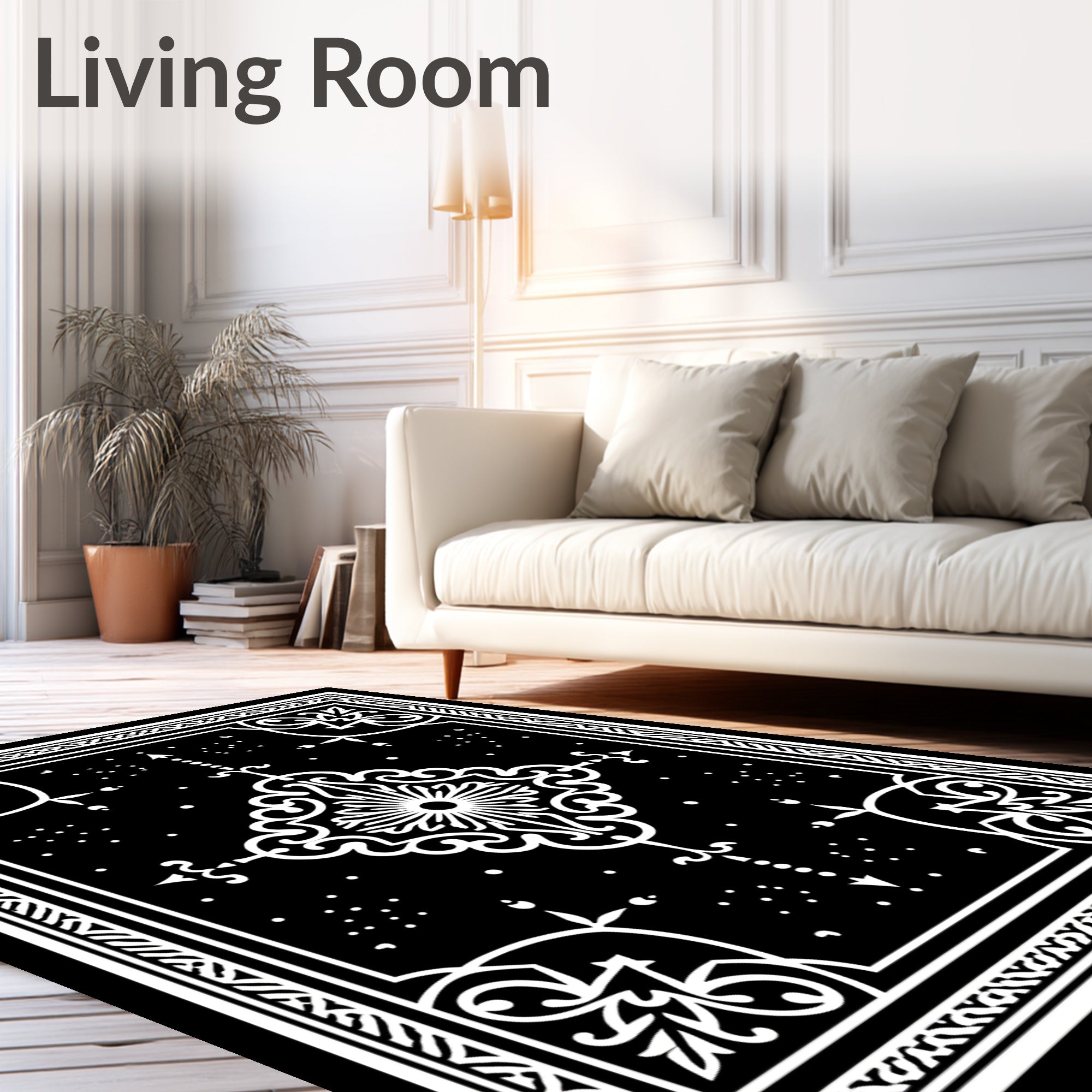 Ornate Black White Geometric Scroll Rug