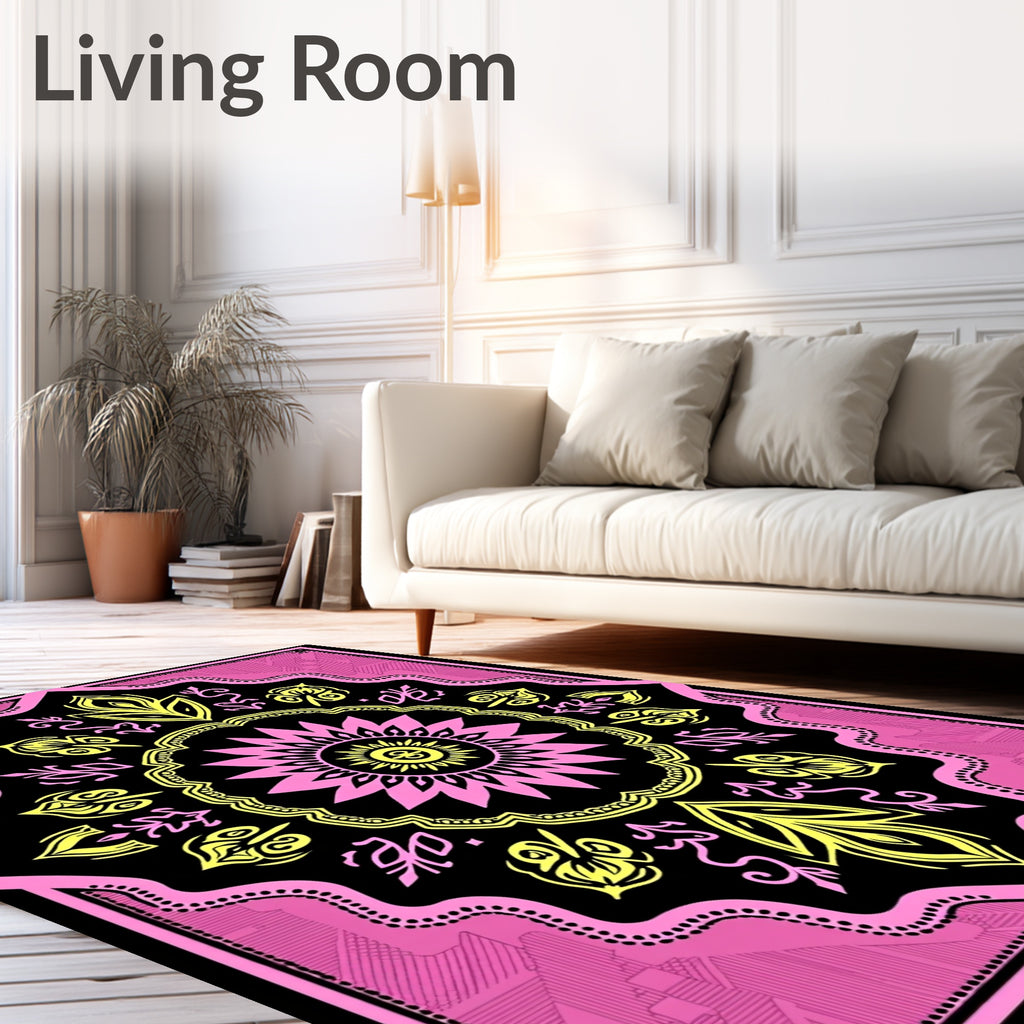 Bold Pink Yellow Sunburst Mandala Rug
