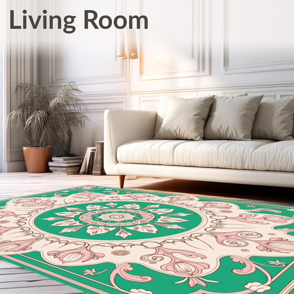 Elegant Green Floral Medallion Design Rug