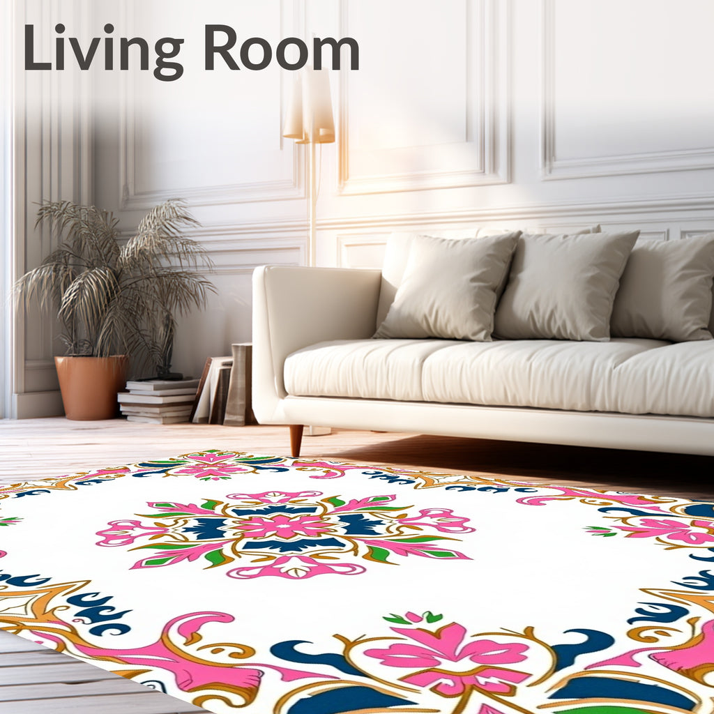 Ornate Pink Blue Floral Medallion Design Rug