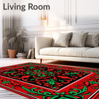 Red Green Floral Scroll Design Rug