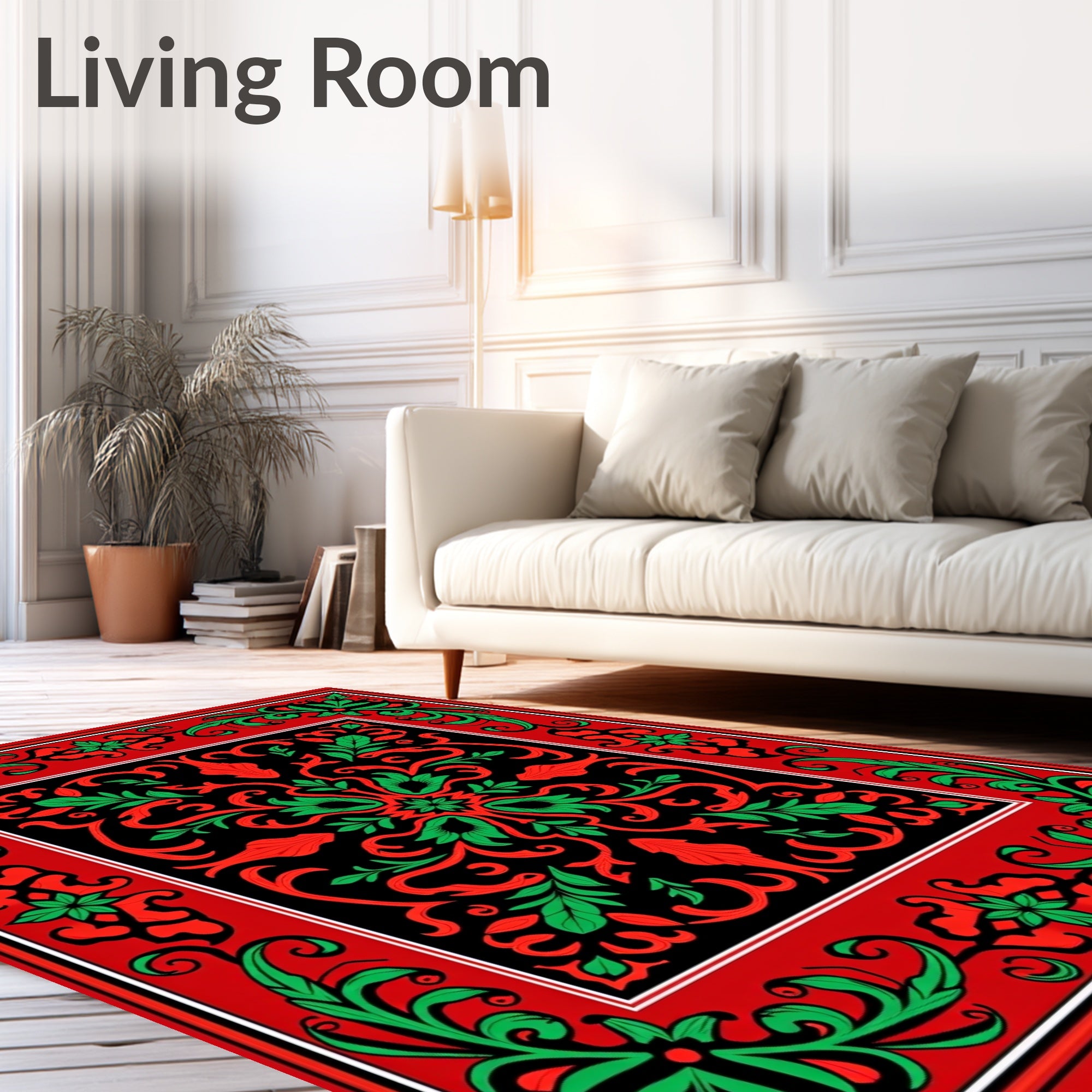 Red Green Floral Scroll Design Rug