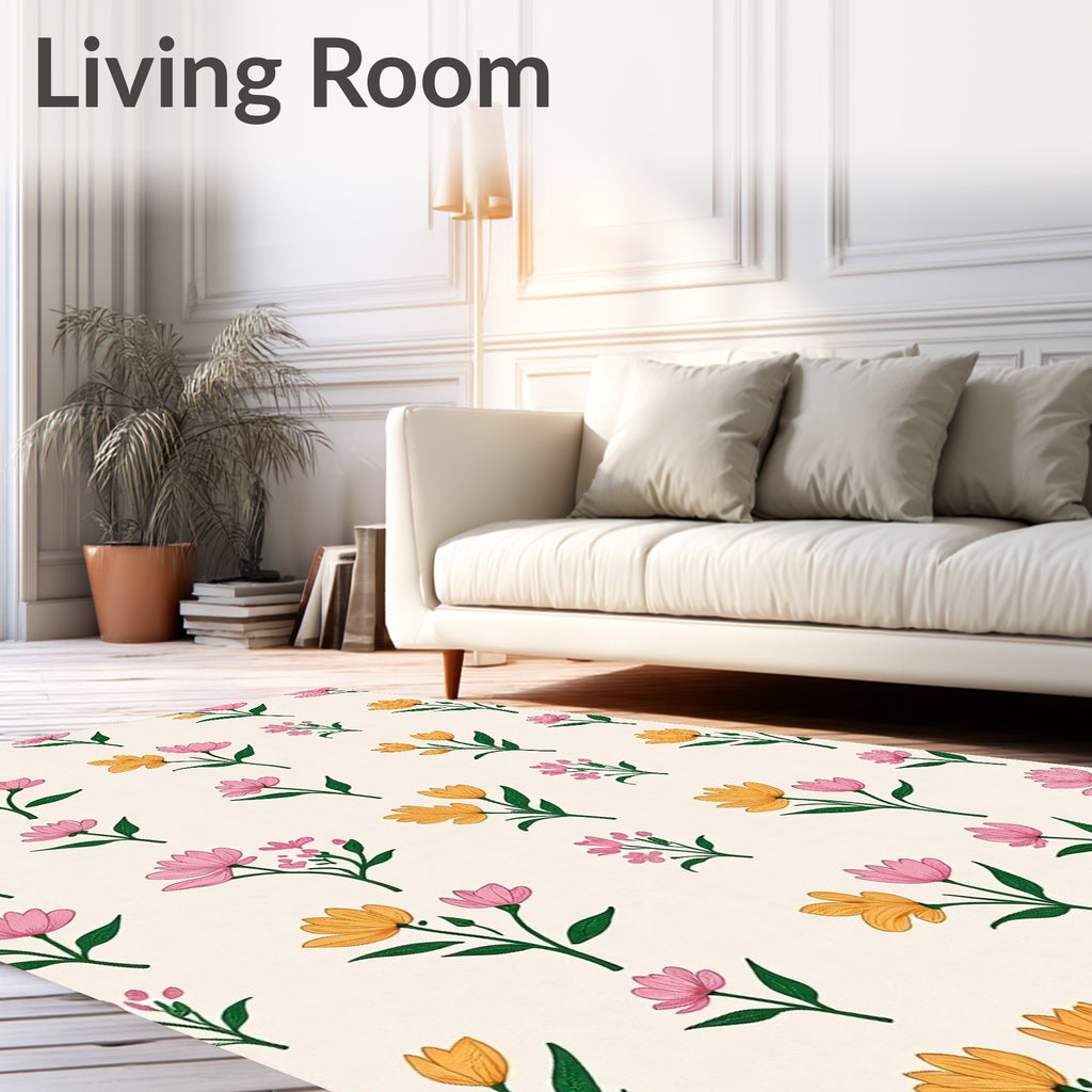 Sweet Floral Pattern with Pink and Yellow Blooms Rug