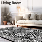 Intricate Black White Floral Border Rug