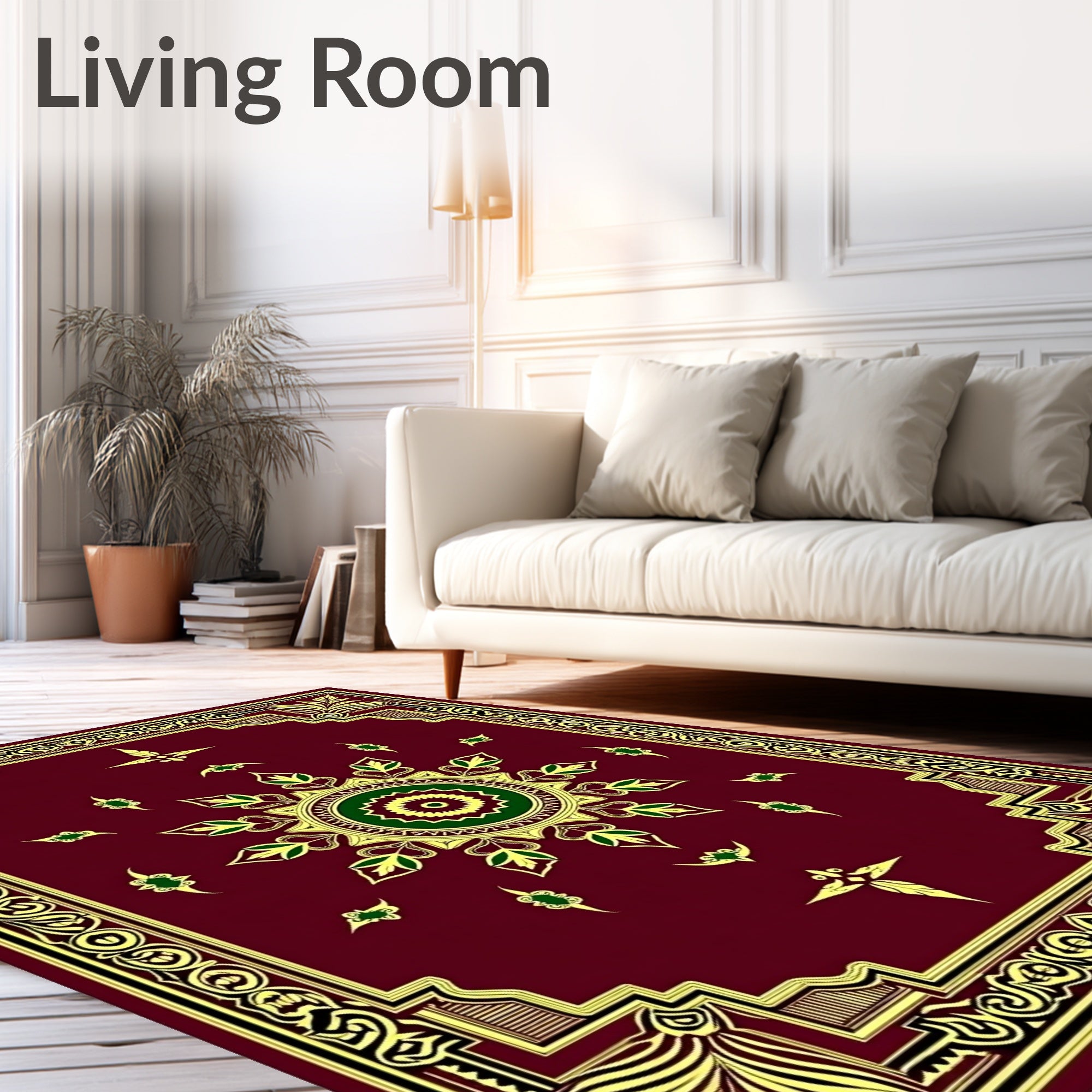 Elegant Central Medallion Golden Leaf Design Rug