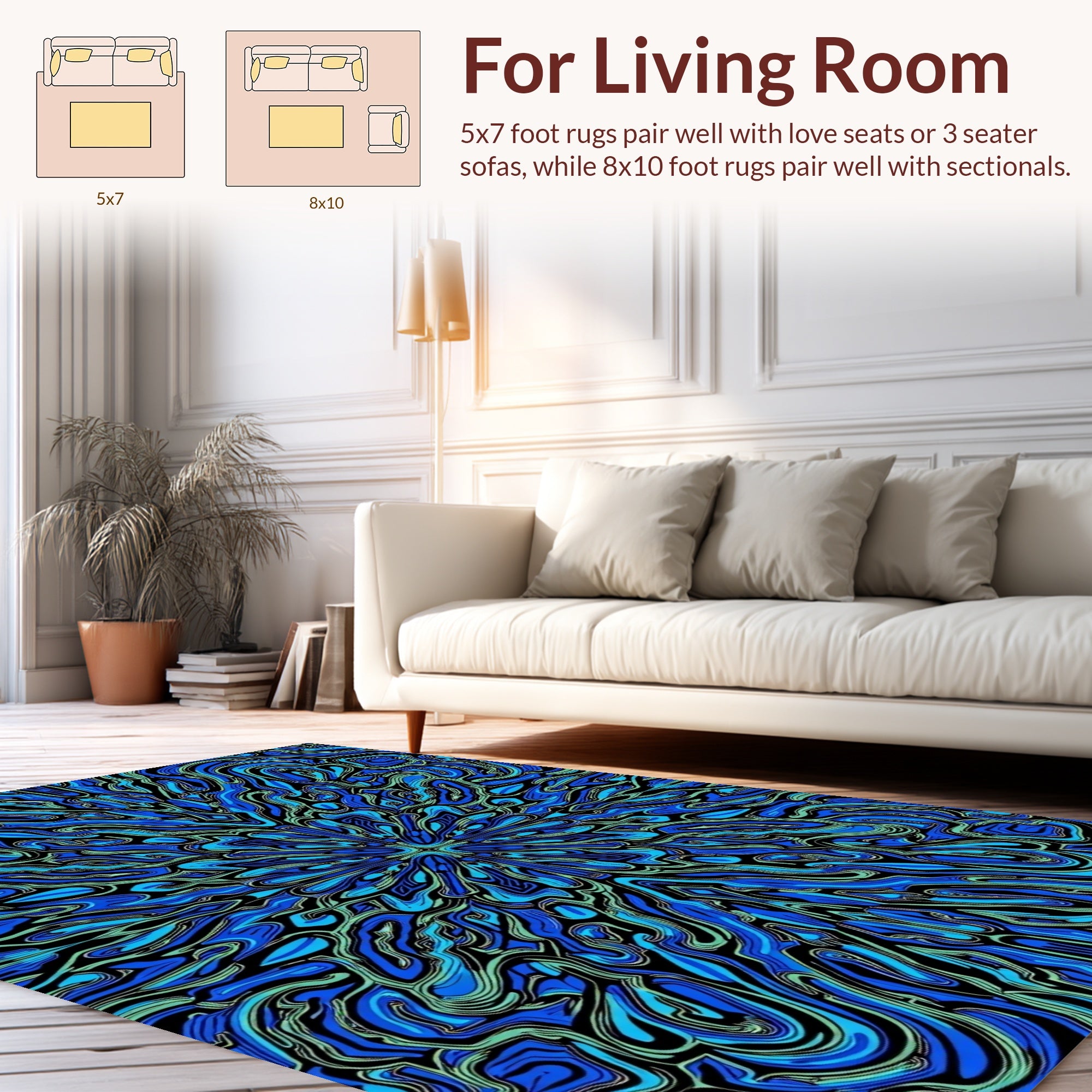 Abstract Blue Swirls Organic Pattern Rug