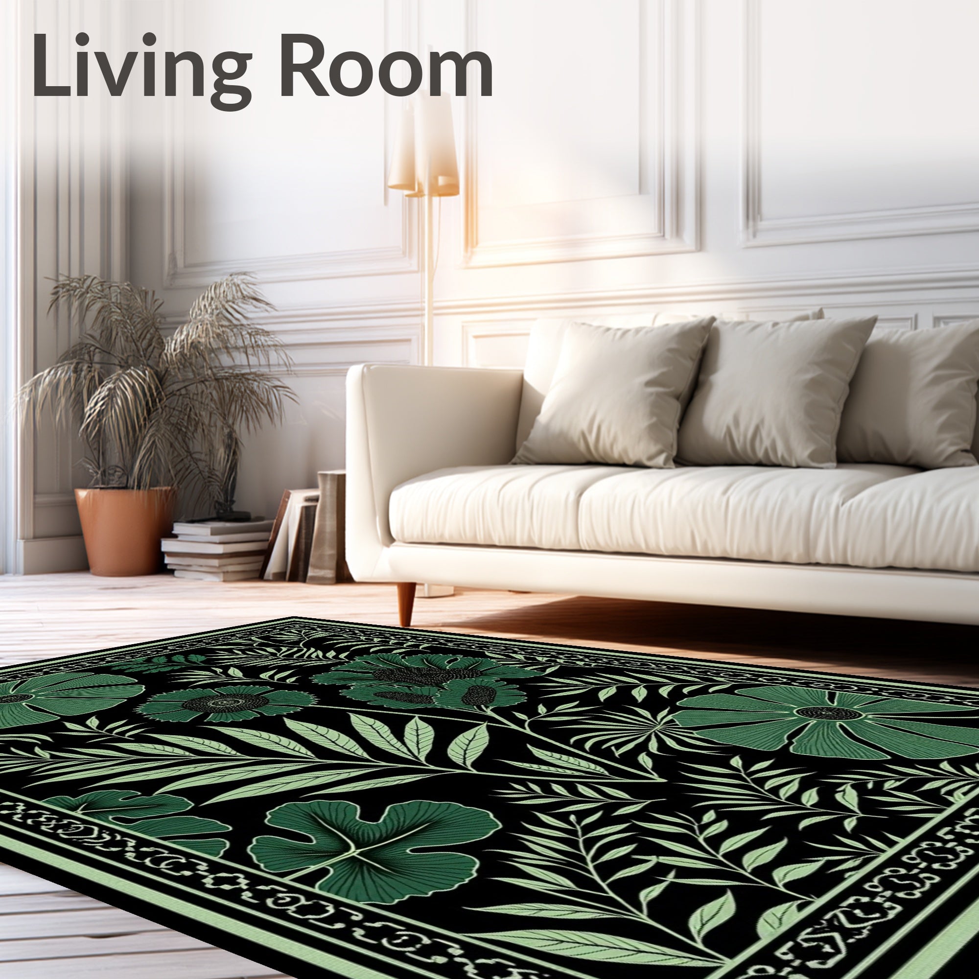 Emerald Green Floral Foliage Border Rug
