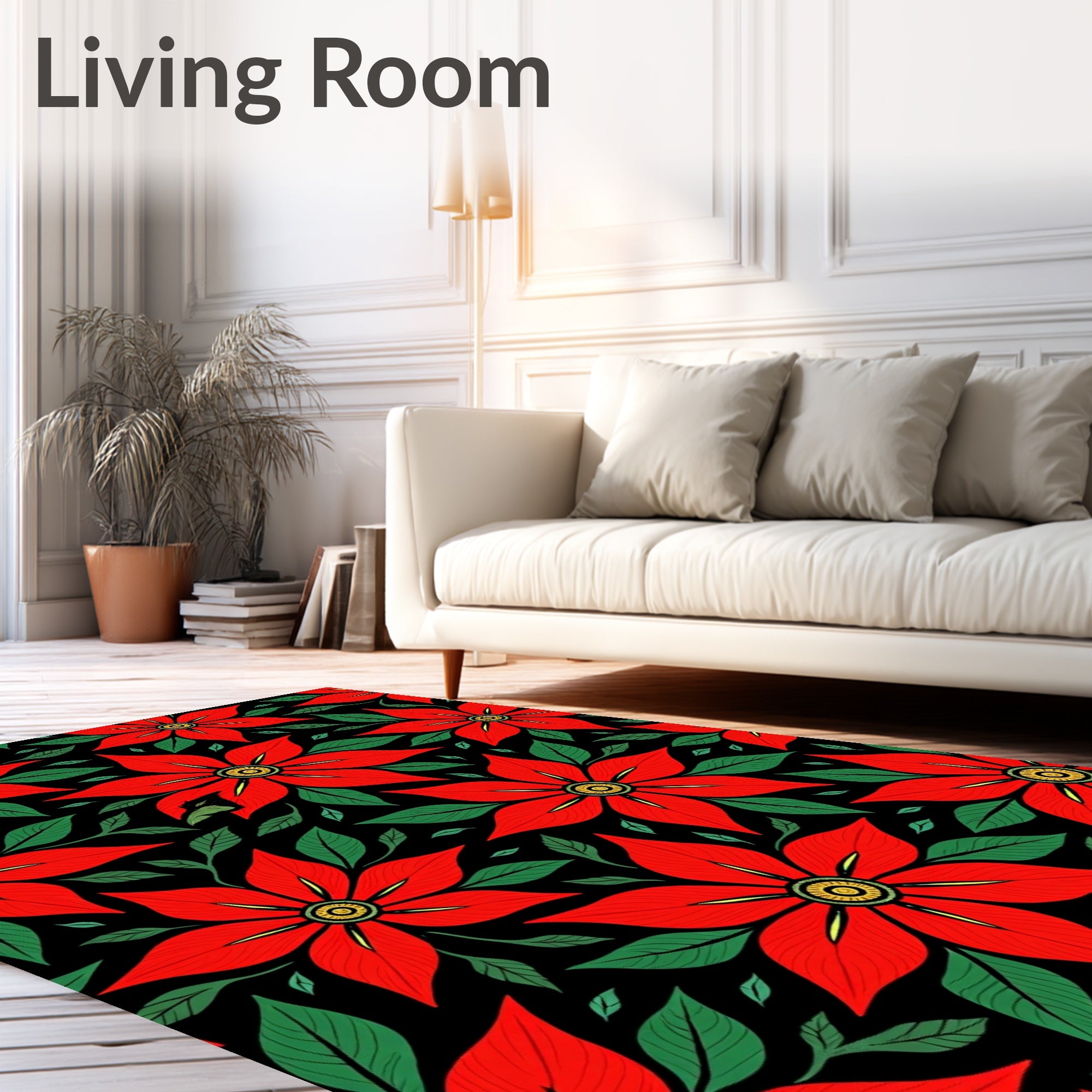 Vibrant Red Flower Leaf Pattern Rug