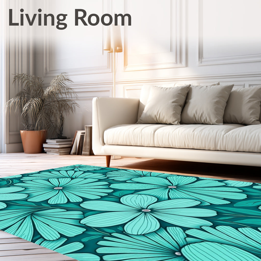 Teal Daisy Patterned Floral Rug