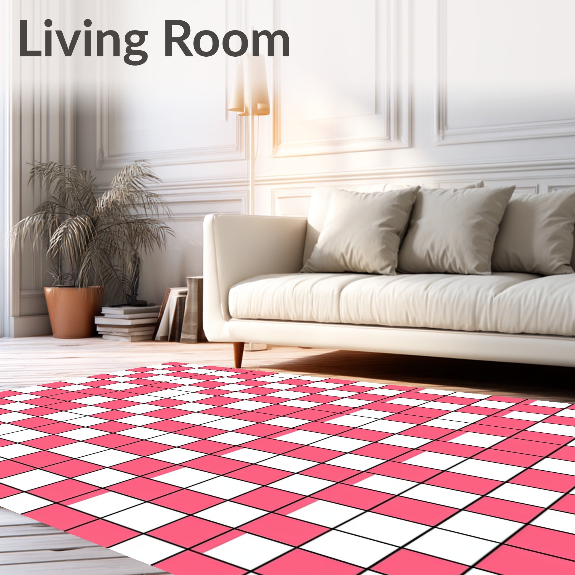Pink And White Checkered Grid Pattern Rug