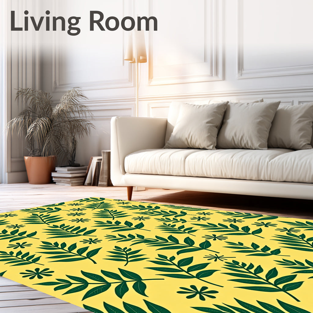Yellow With Green Leaf Pattern Rug