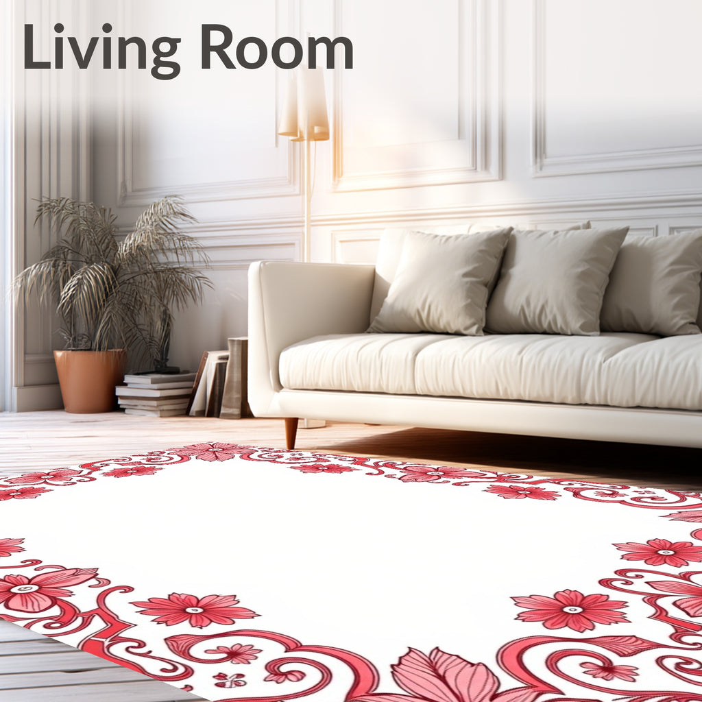 Floral Scrollwork Red Border Design Rug