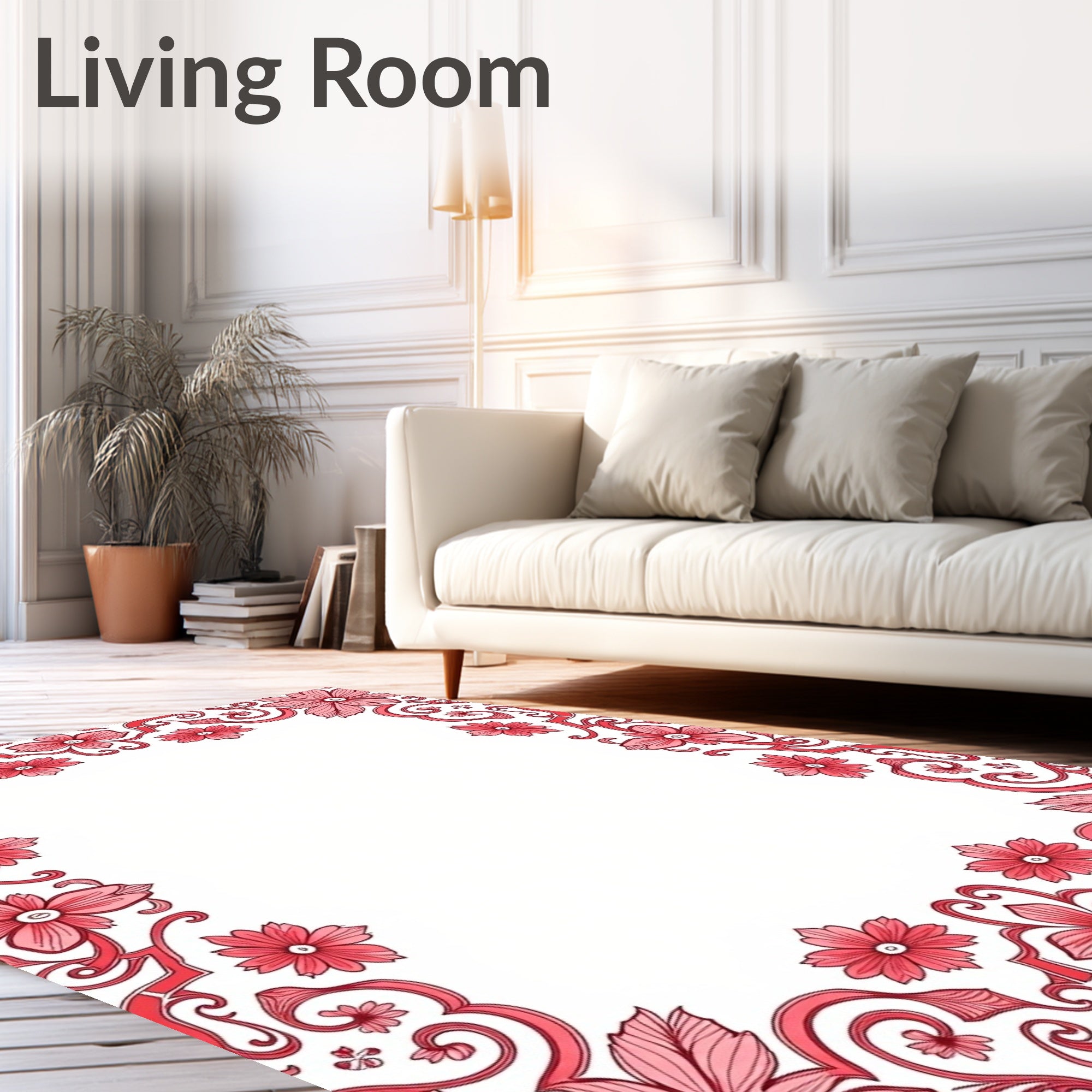 Floral Scrollwork Red Border Design Rug