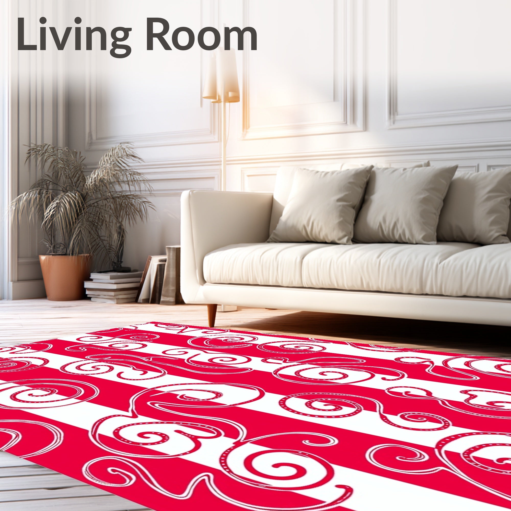 Crimson White Whimsical Swirl Stripes Rug