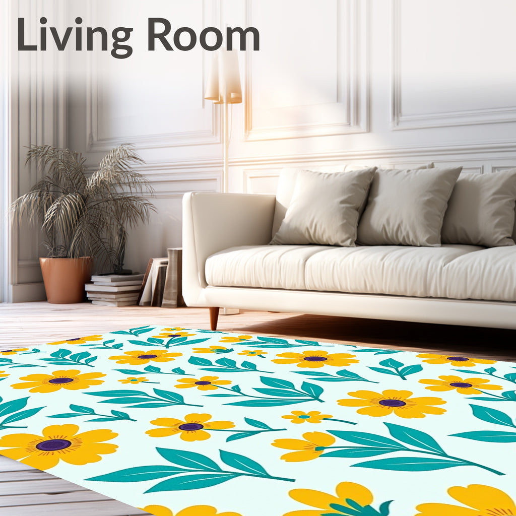 Yellow Floral Teal Leaf Pattern Rug