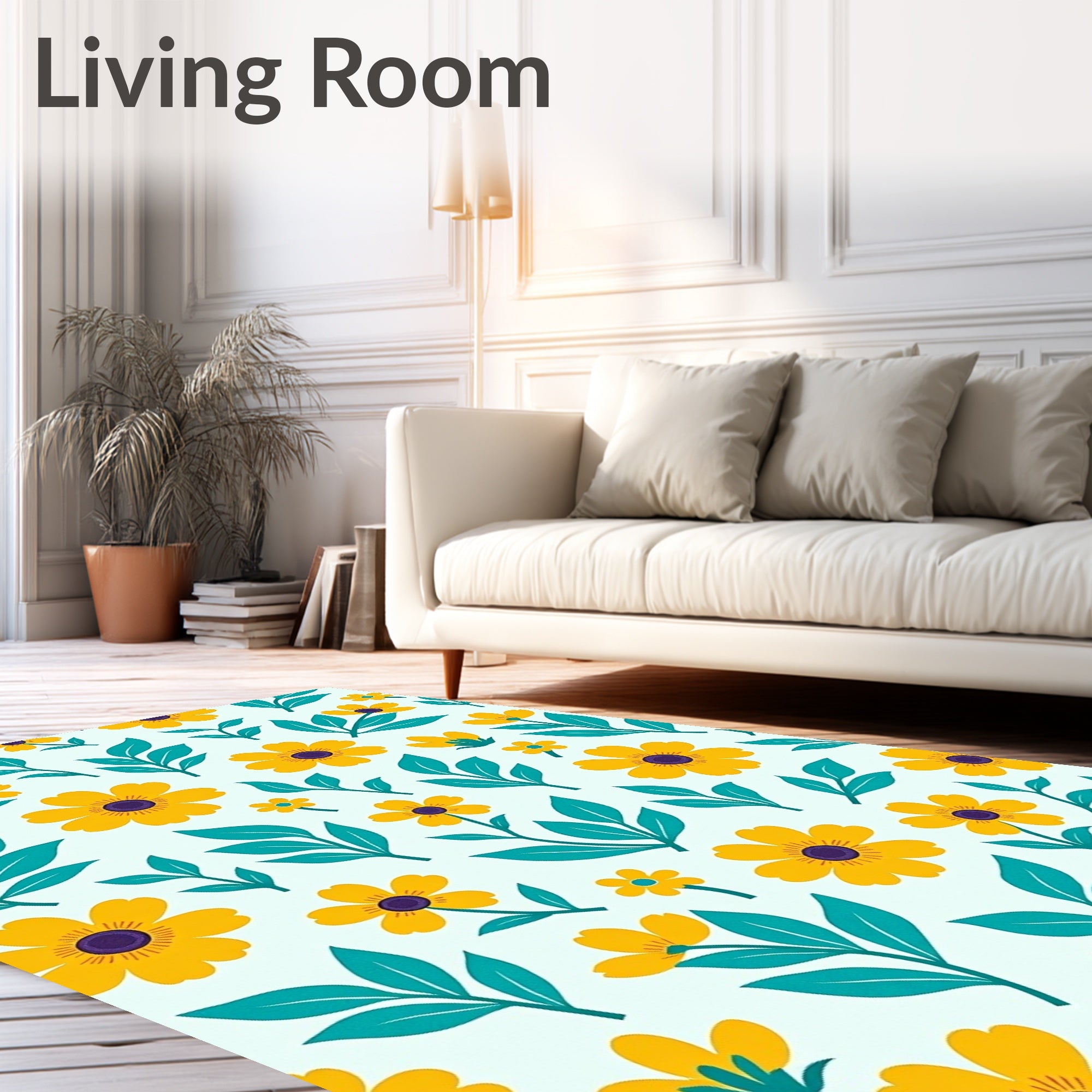 Yellow Floral Teal Leaf Pattern Rug