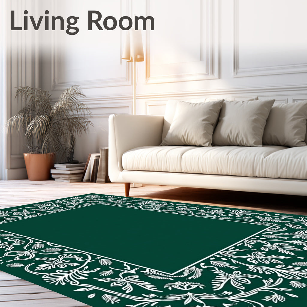Elegant White Leaf Scroll Border Rug