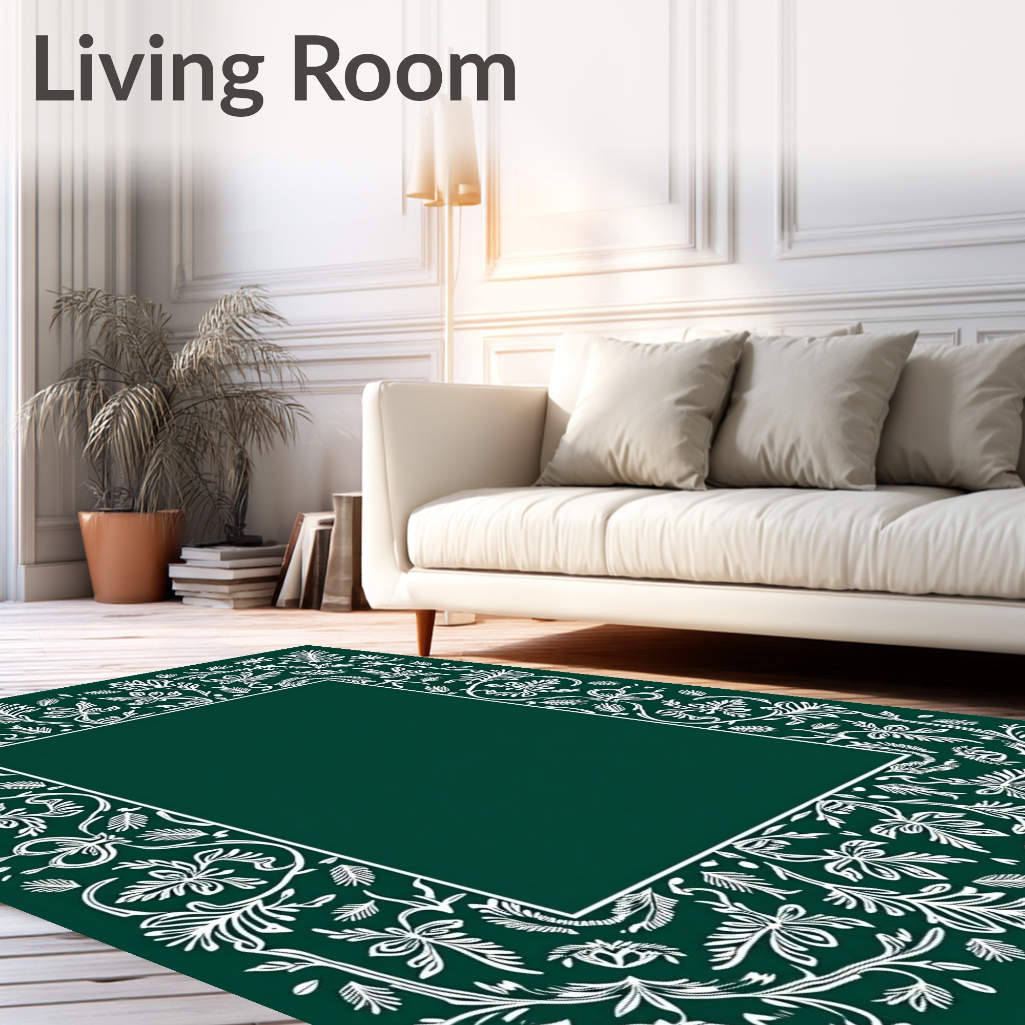 Elegant White Leaf Scroll Border Rug