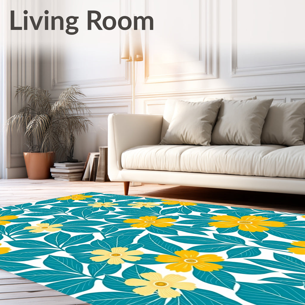 Lush Teal and Yellow Floral Pattern Rug