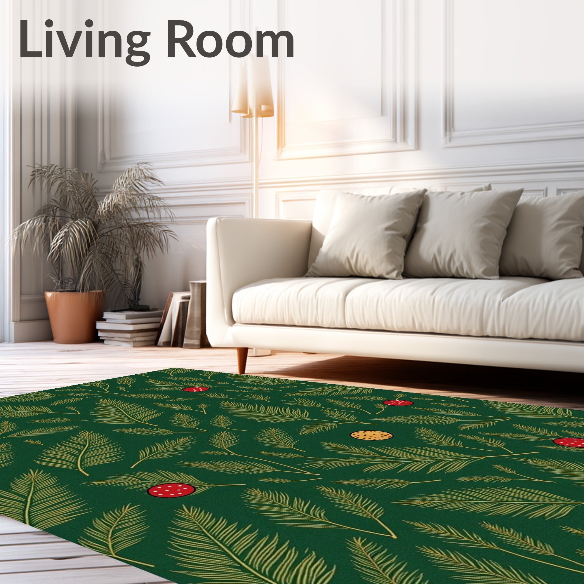 Festive Green Frond With Red Berry Pattern Rug