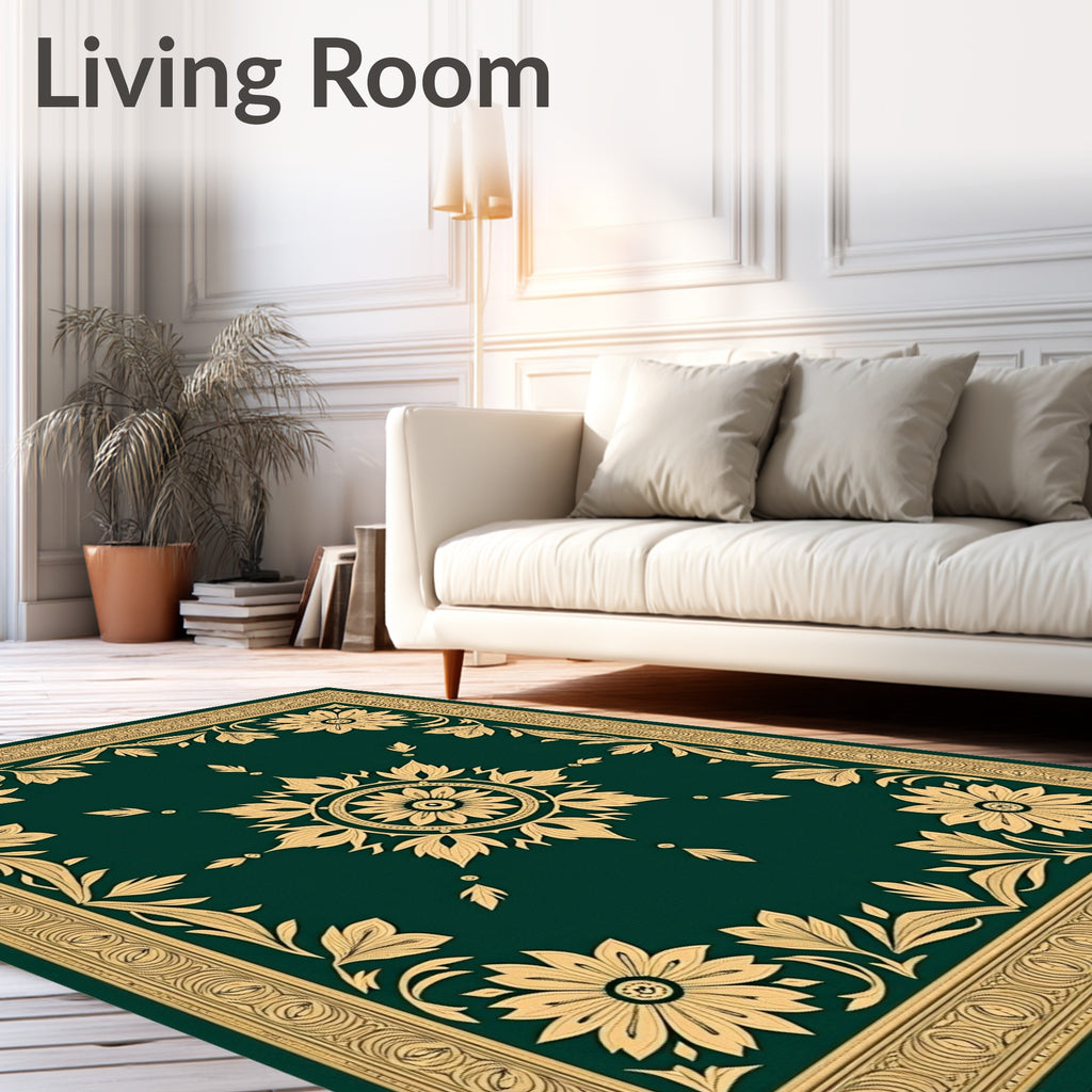 Emerald Golden Floral Centerpiece Border Rug
