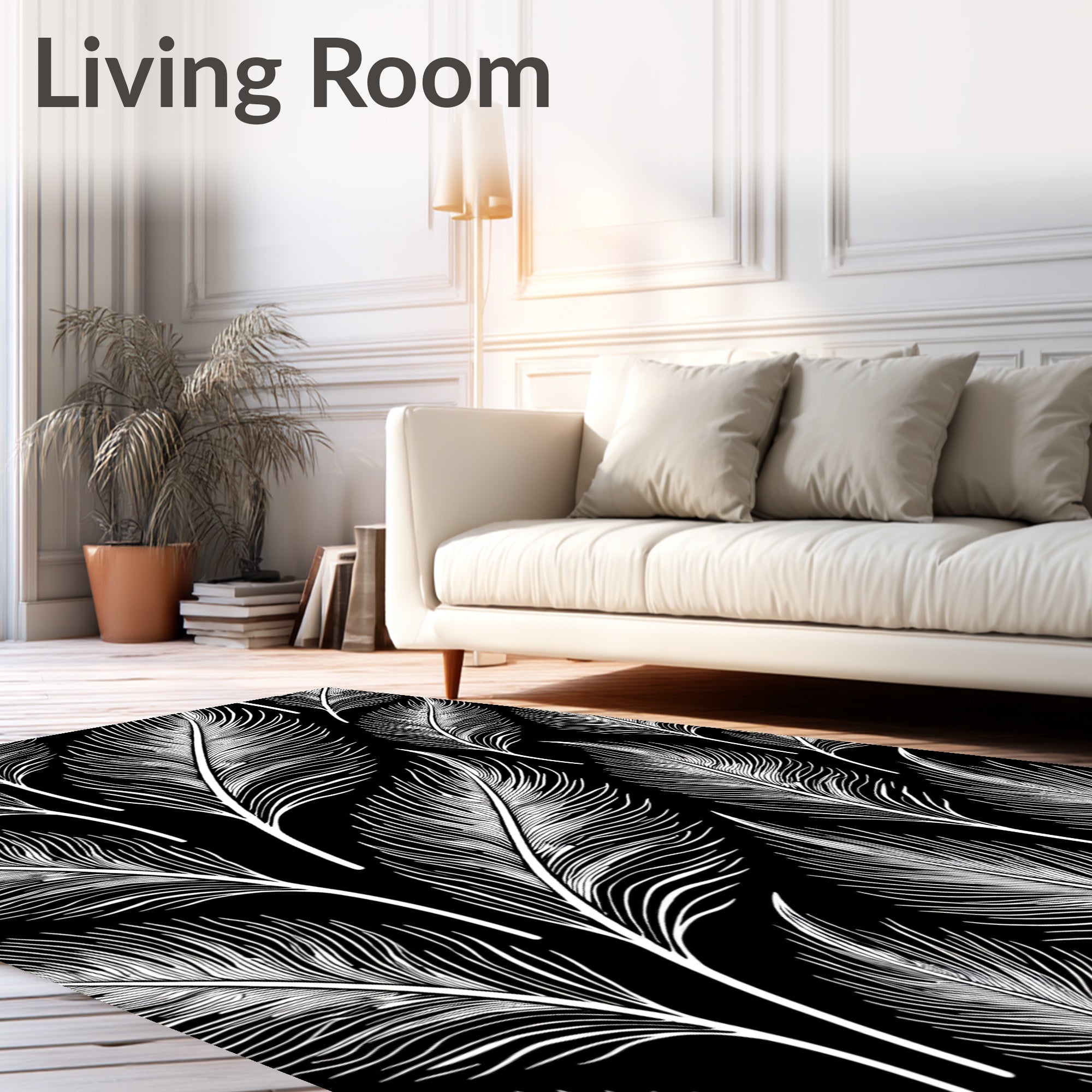 Elegant White Feathers Black Pattern Rug